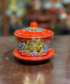 Bát Sâm/ Bát Nước Men Đỏ Vẽ Vàng 24K