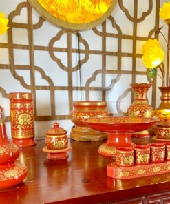 Bộ Đồ Thờ Thần Linh Sứ Gấm Đỏ Đẹp BTLGD