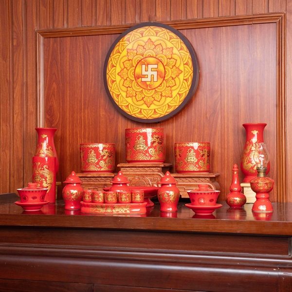 Bộ Đồ Thờ Gia Tiên Sứ Đỏ Bát Tràng