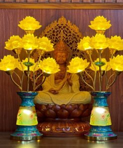 Đèn Thờ Hoa Sen 7 Bông Lưu Ly Gấm Xanh