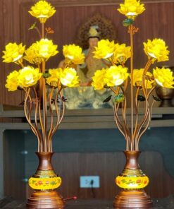 Đèn Thờ Hoa Sen 9 Bông Lưu Ly Thân Ngọc Vàng