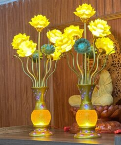 Đèn Thờ Hoa Sen 5 Bông Lưu Ly Đào Vàng