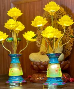 Đèn Thờ Hoa Sen 5 Bông Lưu Ly Gấm Xanh