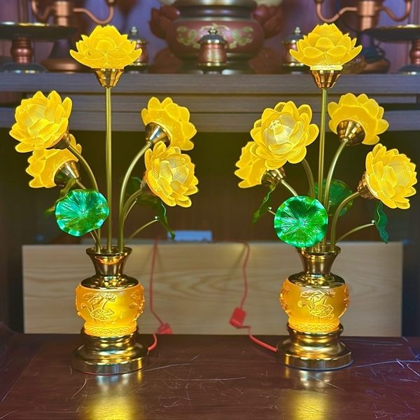 Đèn Thờ 5 Bông Hoa Sen Lưu Ly Thân Nổi Lá Xanh
