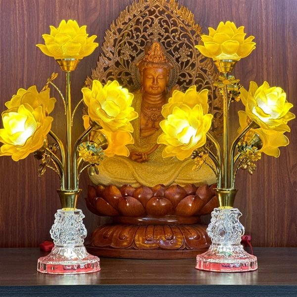 Đèn Thờ Hoa Sen 5 Bông Lưu Ly Thân Pha Lê