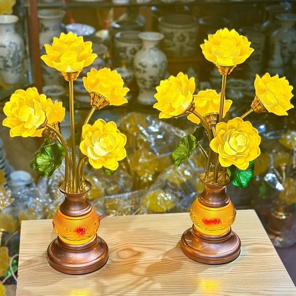 Đèn Thờ 5 Bông Lưu Ly Hoa Sen Gấm Vàng