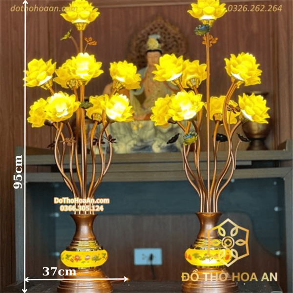 Đèn Thờ Hoa Sen 9 Bông Lưu Ly Thân Ngọc Vàng