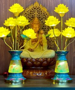 Đèn Thờ Hoa Sen 5 Bông Lưu Ly Gấm Xanh