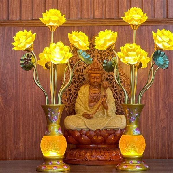 Đèn Thờ Hoa Sen 5 Bông Lưu Ly Đào Vàng