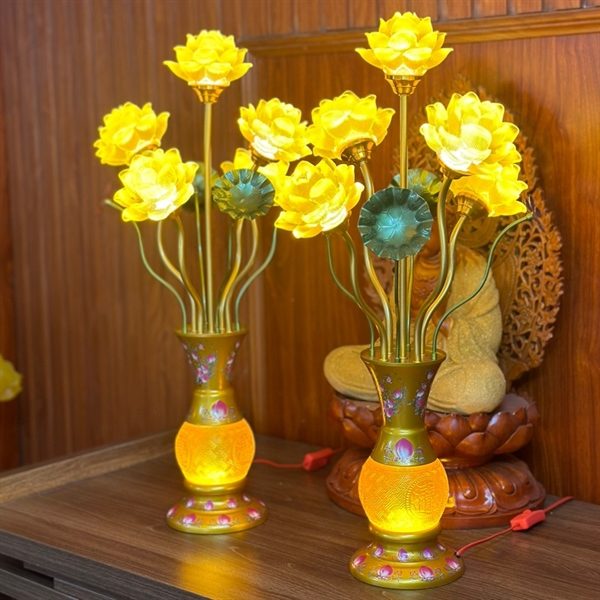 Đèn Thờ Hoa Sen 5 Bông Lưu Ly Đào Vàng
