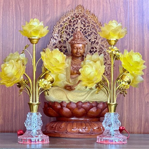 Đèn Thờ Hoa Sen 5 Bông Lưu Ly Thân Pha Lê