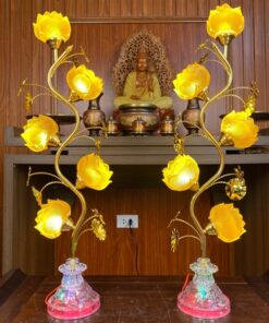 Đèn Thờ Hoa Sen 5 Bông Lưu Ly Thân Cong Pha Lê