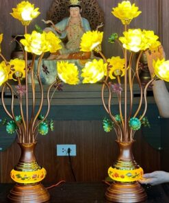 Đèn Thờ Hoa Sen 7 Bông Lưu Ly Thân Ngọc Vàng