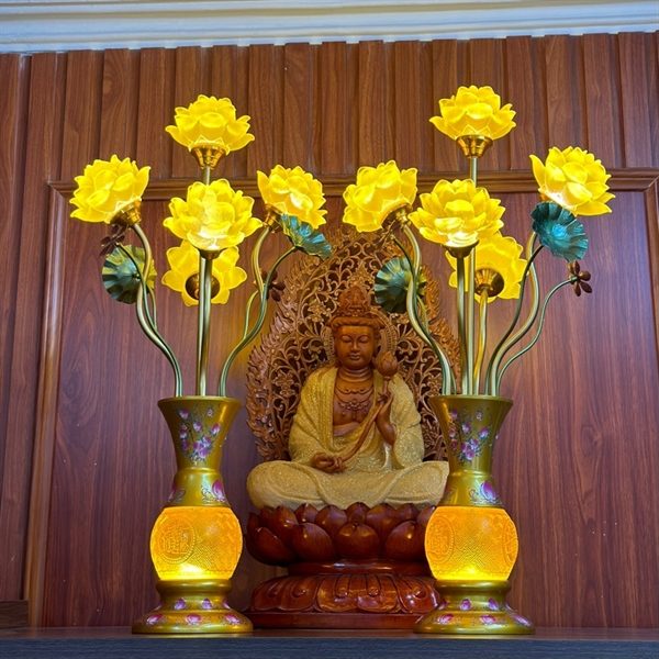 Đèn Thờ Hoa Sen 5 Bông Lưu Ly Đào Vàng