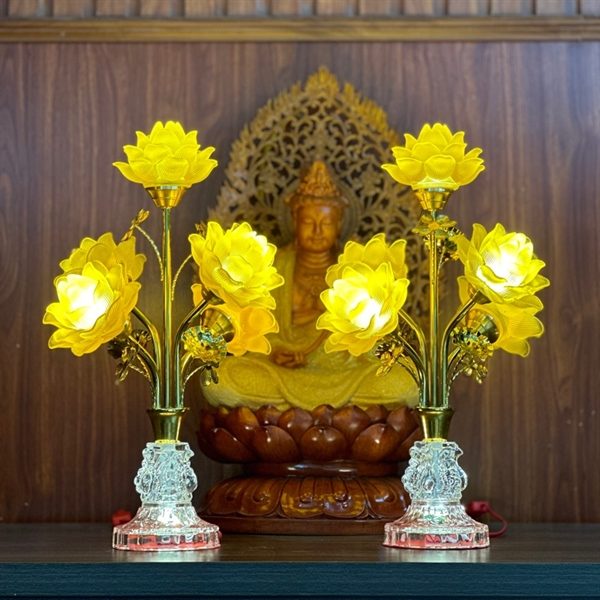 Đèn Thờ Hoa Sen 5 Bông Lưu Ly Thân Pha Lê