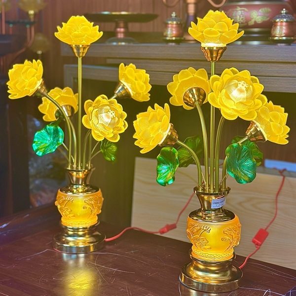 Đèn Thờ 5 Bông Hoa Sen Lưu Ly Thân Nổi Lá Xanh