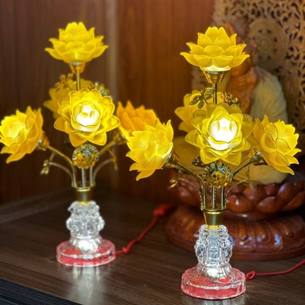 Đèn Thờ Hoa Sen 5 Bông Lưu Ly Thân Pha Lê