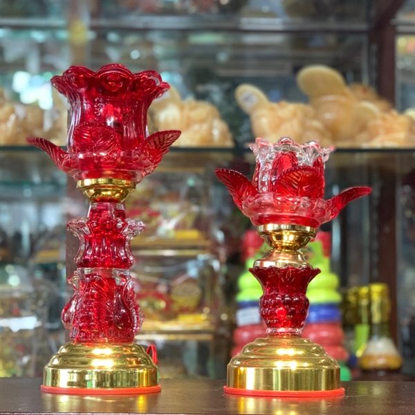 Đèn Thờ Hoa Sen 1 Bông Thân Thủy Tinh Đỏ