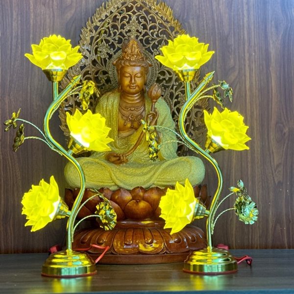 Đèn Thờ Hoa Sen 3 Bông Lưu Ly Thân Cong