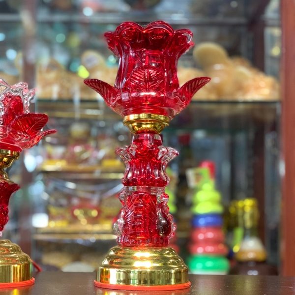 Đèn Thờ Hoa Sen 1 Bông Thân Thủy Tinh Đỏ - Ảnh 3