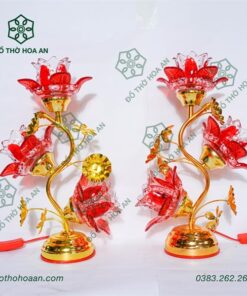 Đèn Thờ Hoa Sen 3 Bông Đỏ/Vàng Bóng Led Thuỷ Tinh Thân Cong