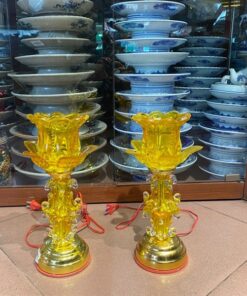 Đèn Thờ Hoa Sen 1 Bông Thân Thuỷ Tinh Vàng