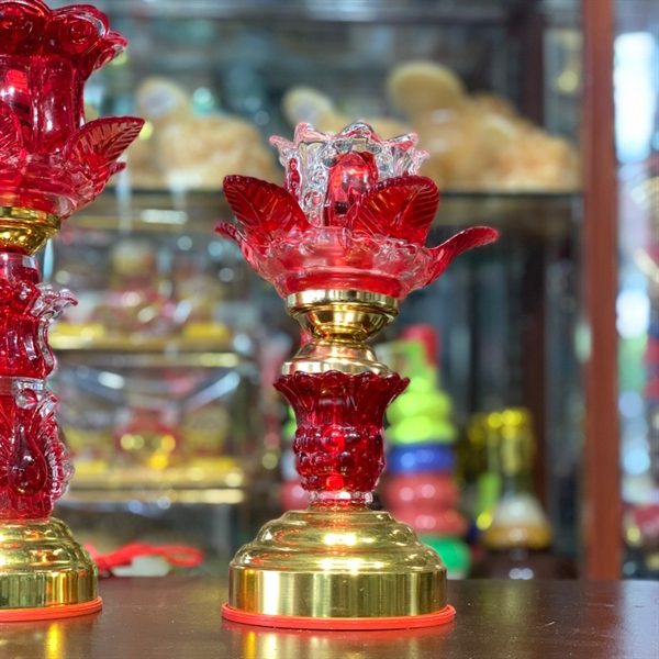 Đèn Thờ Hoa Sen 1 Bông Thân Thủy Tinh Đỏ